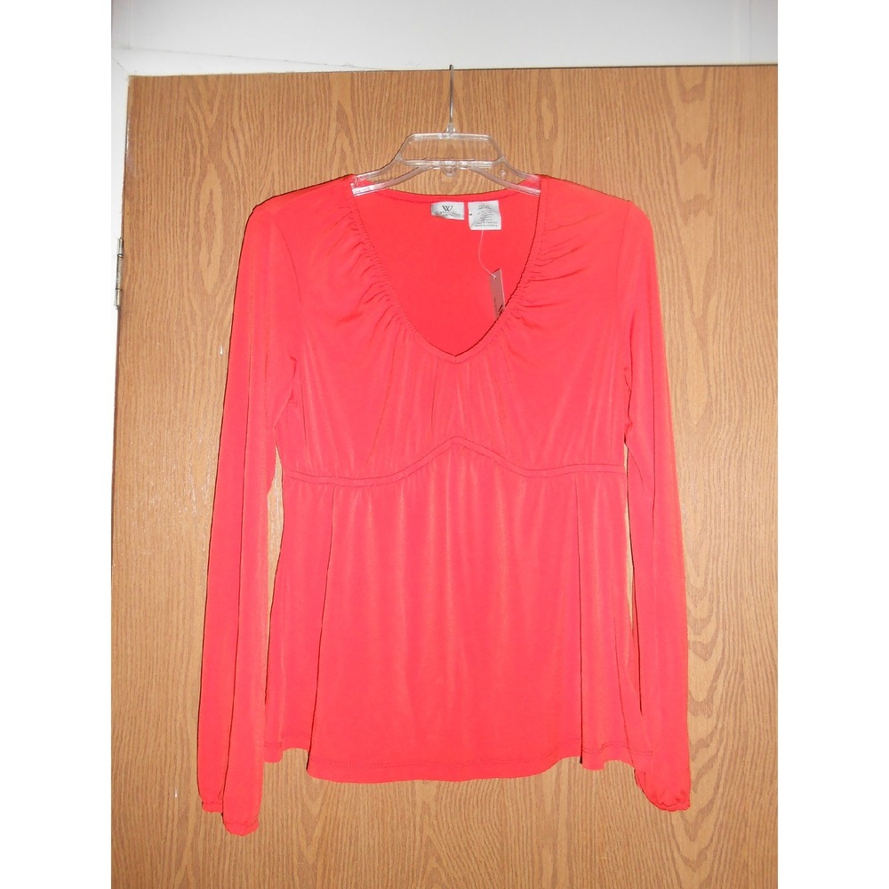 NEW Worthington Small Fiery Red Orange Long sleeve Dress V-Neck‎ Blouse Shirt!!!